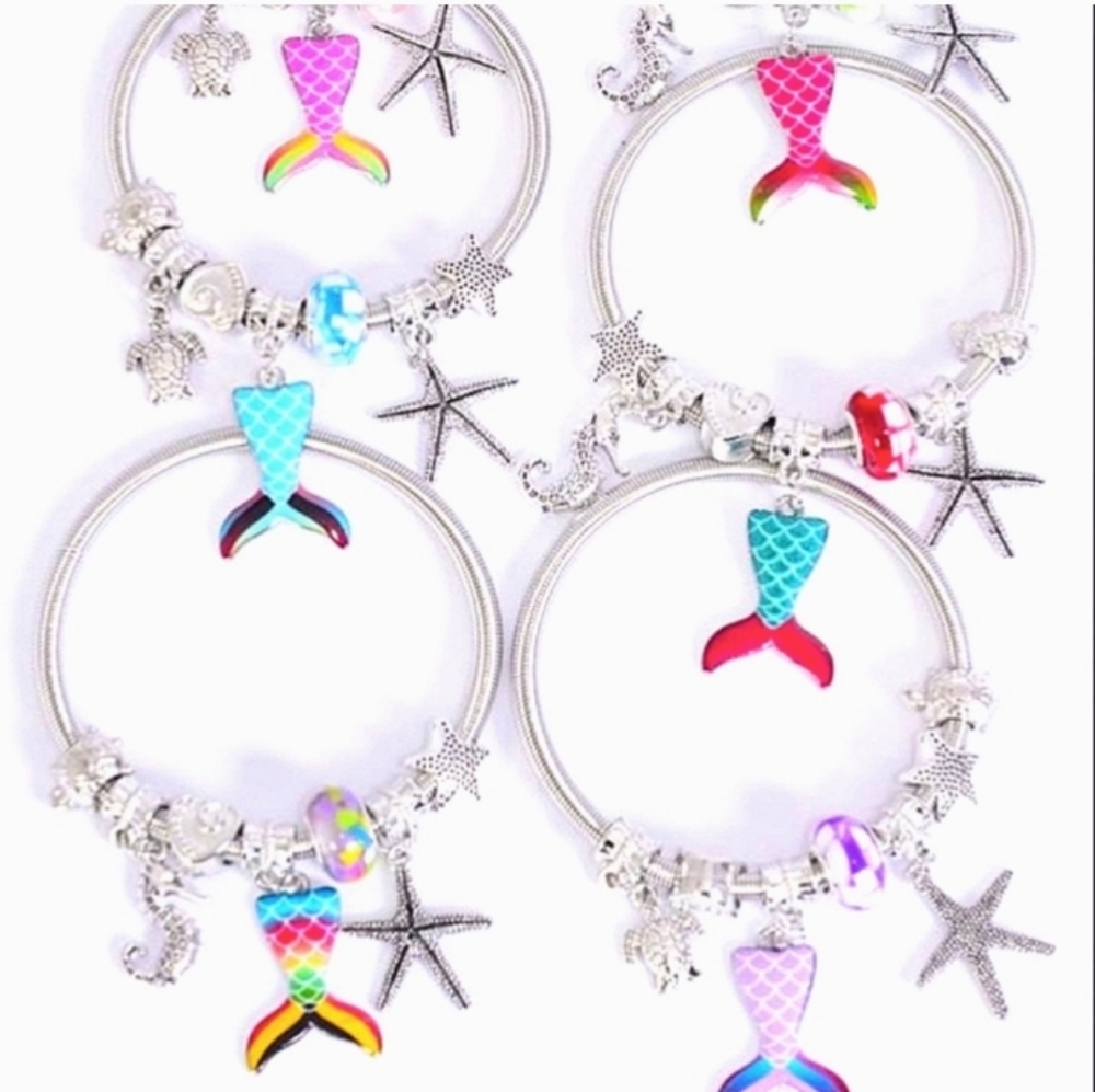 NEW Silver Mermaid Tail Charm Bracelet with Pink colorful Tail and Charms NWT